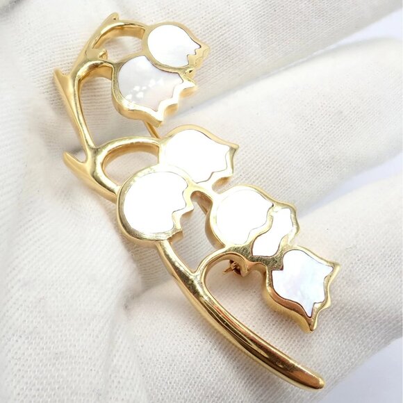 Tiffany & Co Cummings 18k Yellow Gold MoP Lily of the Valley Flower Pin Brooch - Picture 6 of 12